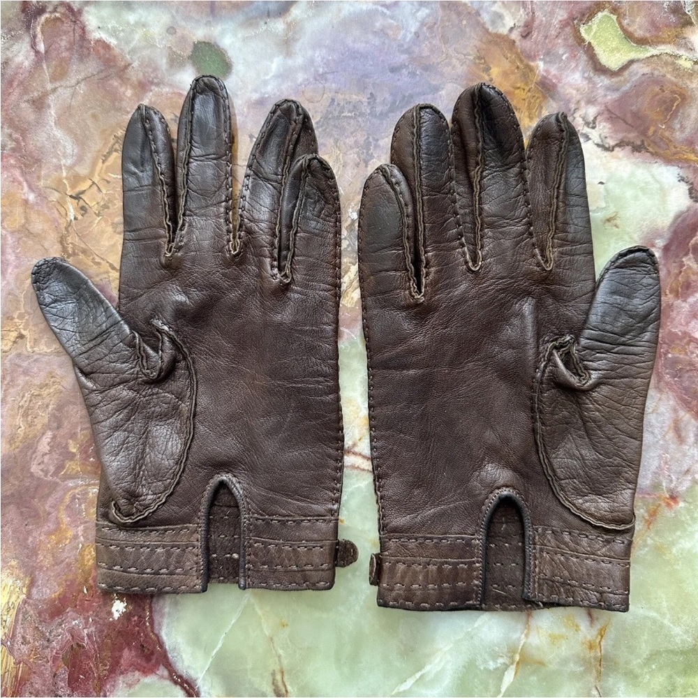 RARE VINTAGE 1970s GUCCI ITALY LADIES DARK BROWN LEATHER GLOVES GOLD LOGO EUC - Picture 4 of 8